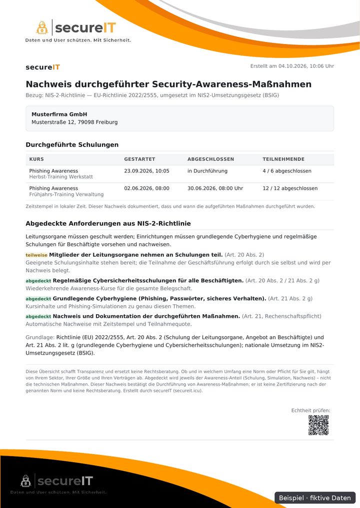 Beispiel: Compliance-Nachweis NIS2 – Compliance-Nachweis mit fiktiven Daten