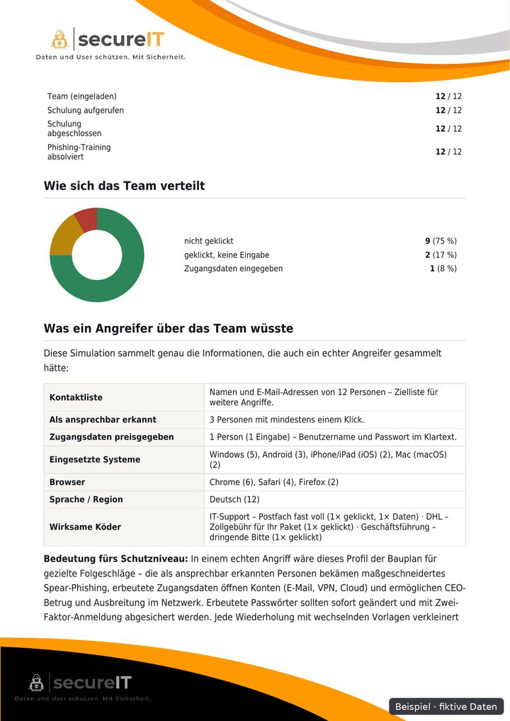 Beispiel: Nachweis-PDF, Seite 2 – Team-Report mit fiktiven Daten