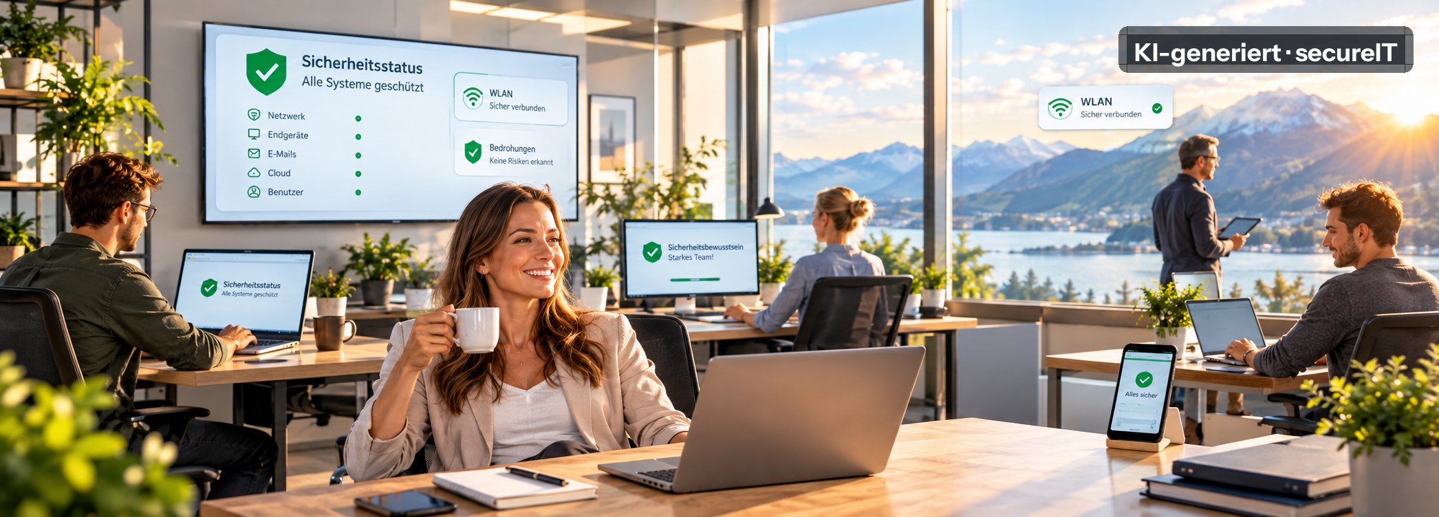 Modernes Büro: ein Team arbeitet sicher, im Hintergrund ein Dashboard „Sicherheitsstatus – alle Systeme geschützt