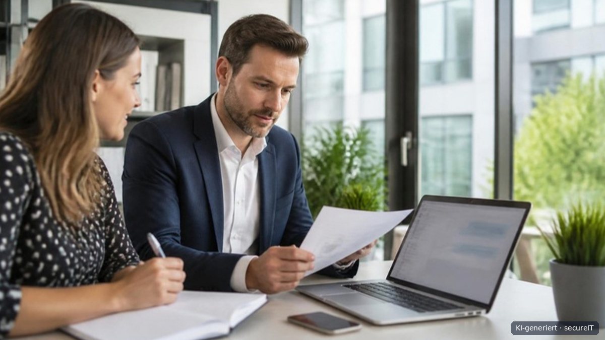 An employee checks an AI result against a printout while a colleague takes notes