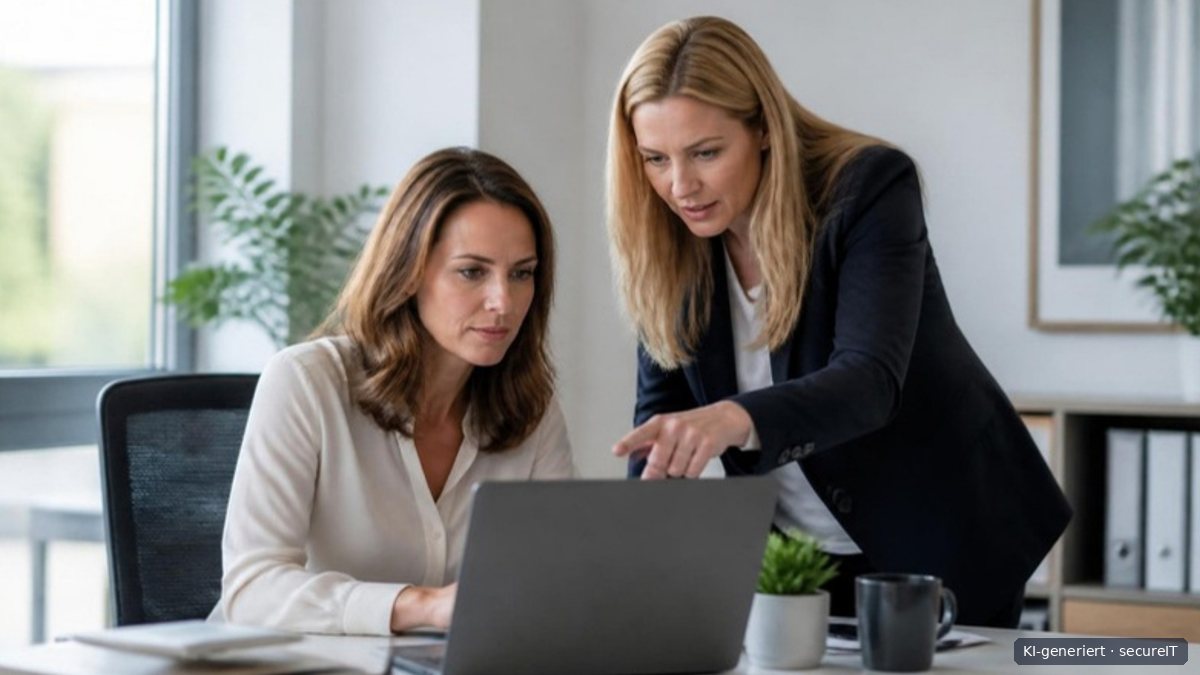 An employee checks an email on her laptop while a colleague points at the sender