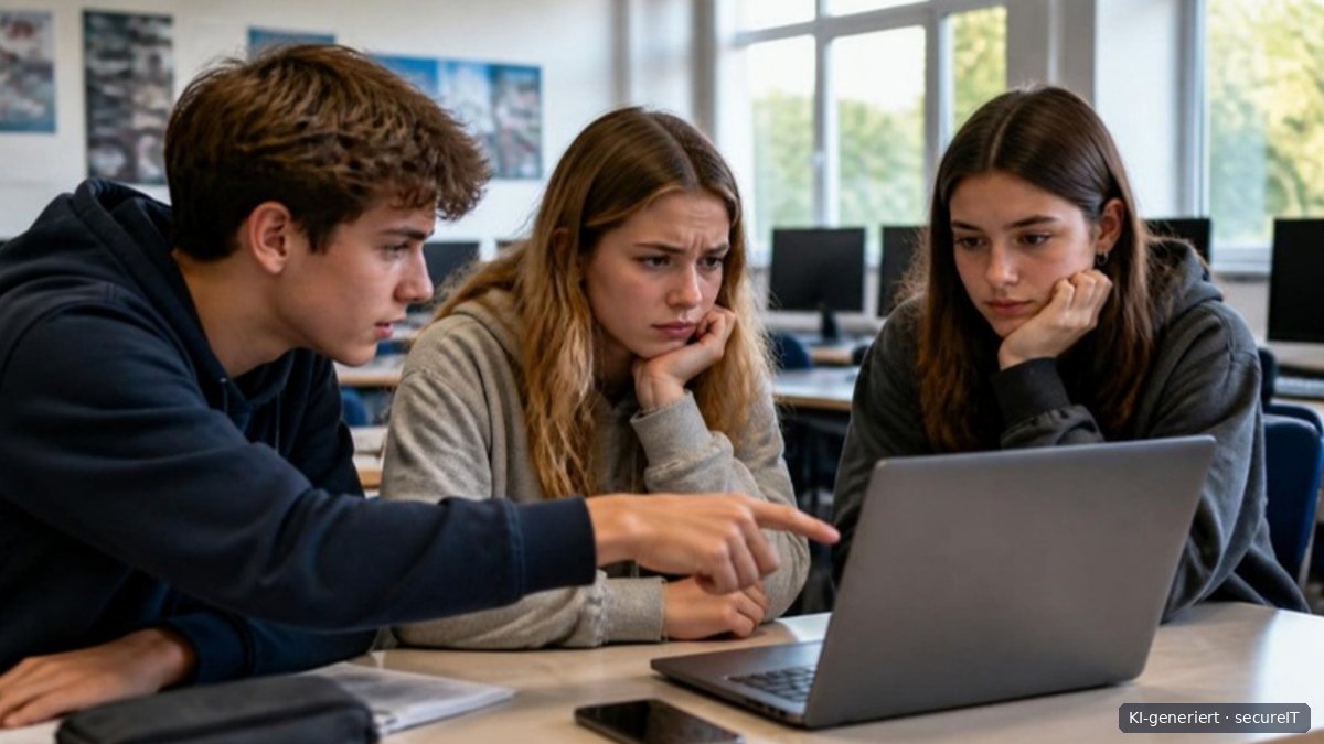 Three teenagers sceptically examine a suspicious message on a laptop