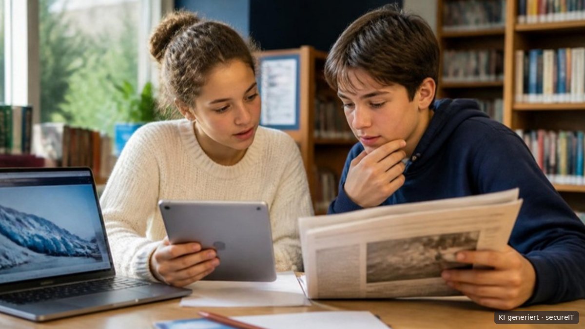 Two teenagers compare a news item on a tablet with a newspaper
