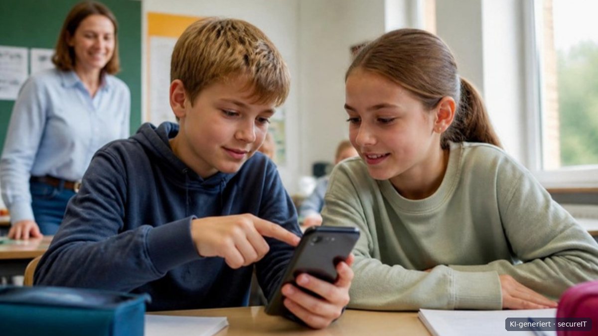 Two children look at app permissions on a phone together, the teacher in the background